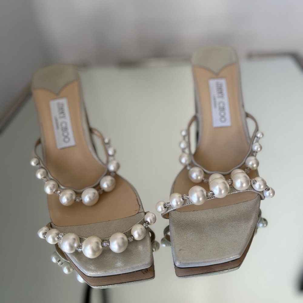 New JIMMY CHOO Amara Metallic Pearly Two-Band Sandals 38.5 $975 - Picture 5 of 16